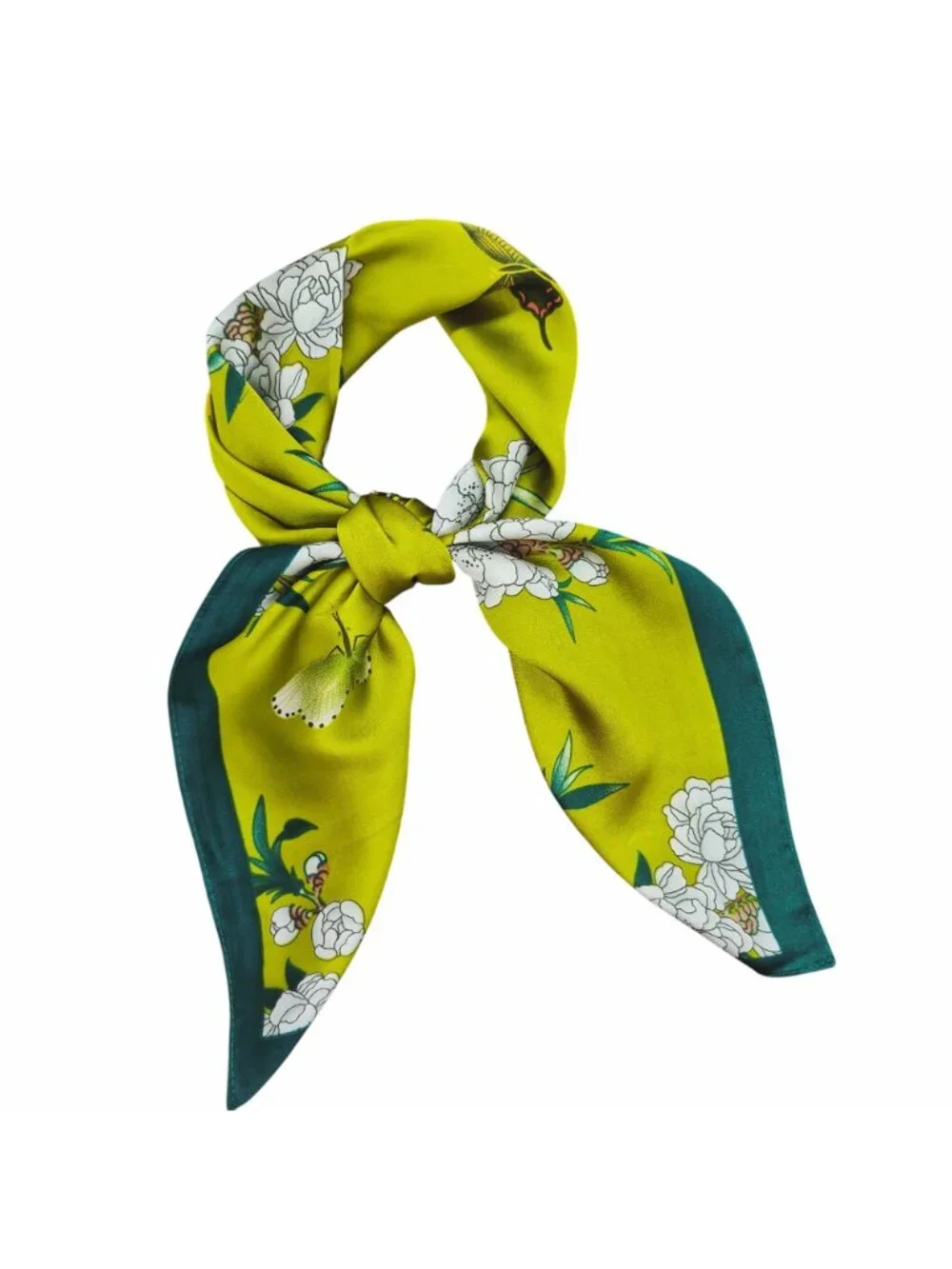 ✨Chic Silky Square Scarf Bright Green Butterfly White Floral Print Head Bandana✨